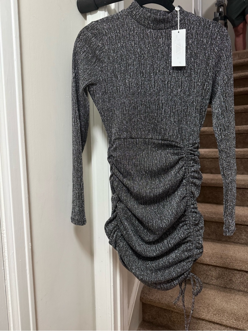 Sage The Label Ribbed Long-Sleeve Ruched Mini Dress - Charcoal Gray and Silver